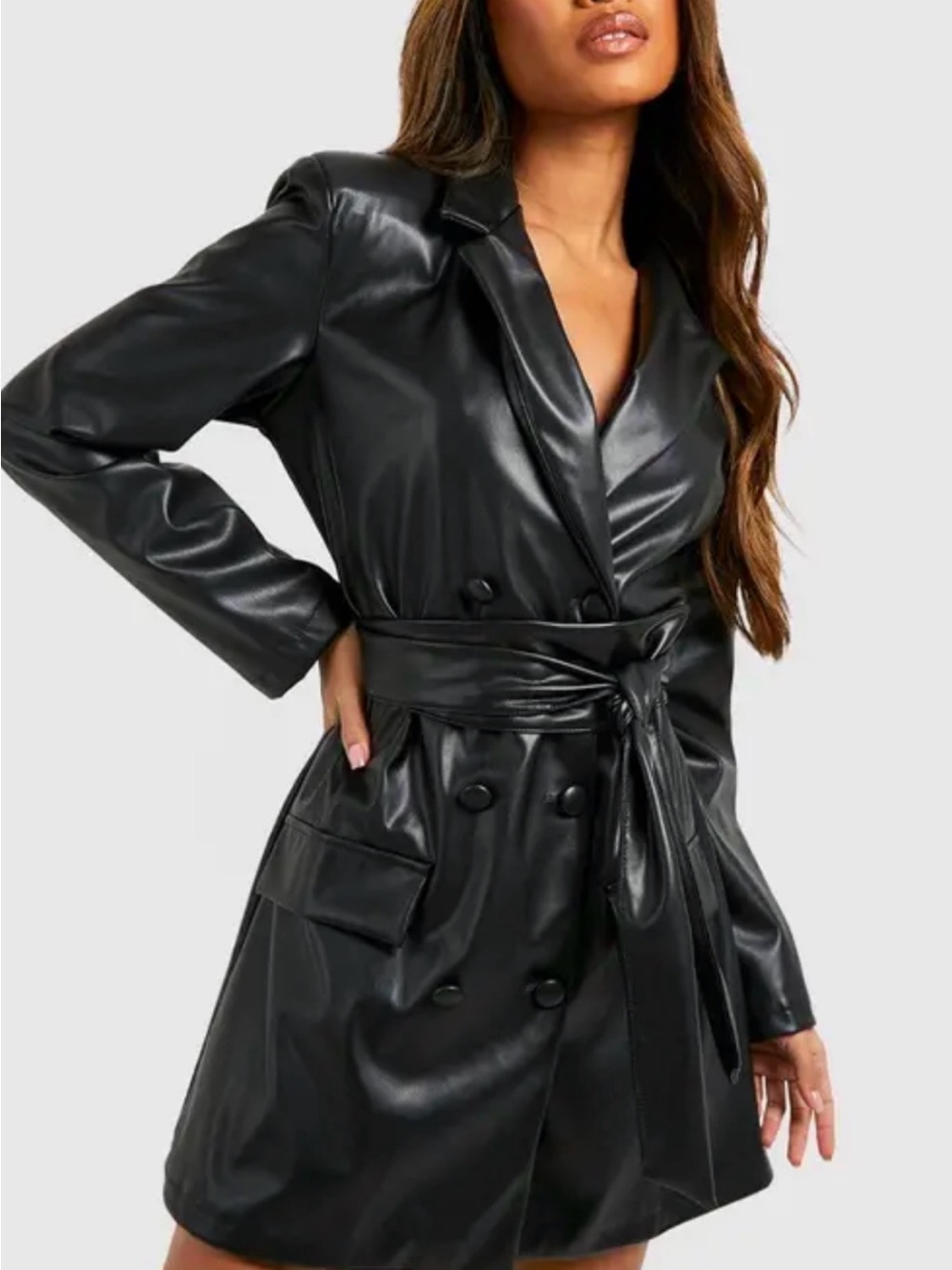 7 For All Mankind Black Faux Leather Double-Breasted Blazer Coat